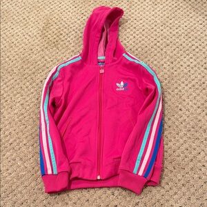 Adidas Kids Bright Pink Hoodie with Multicolor Stripes